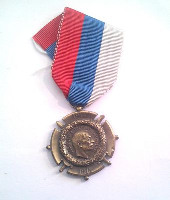 medal with red, white, and blue ribbon on white background