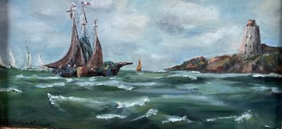 a painting of a sailboat in the water near a lighthouse