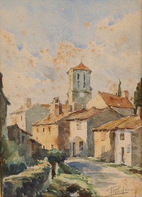 une image représentant un tableau d'un village avec une tour horloge en arrière-plan