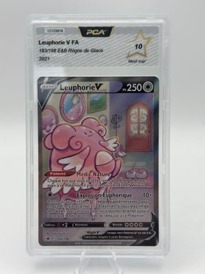 a close up of a card in a plastic holder on a table