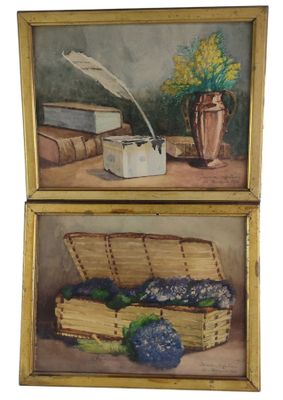 two paintings of books, a vase, and a pen on a table