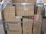 a metal cart with several boxes on it in a warehouse