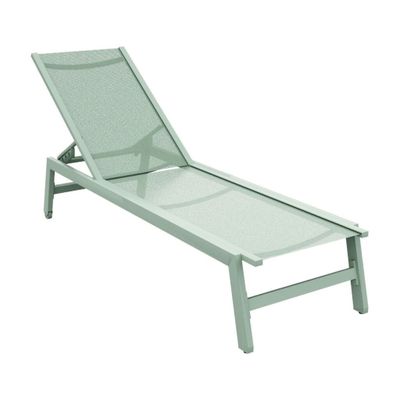 the chaise lounger is made of plastic and has a metal frame