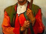 painting of a man in a red shirt and green vest holding a stick