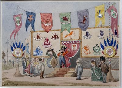 painting of a group of people standing in front of a stage with flags