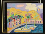 a picture of a painting of a boat in the water