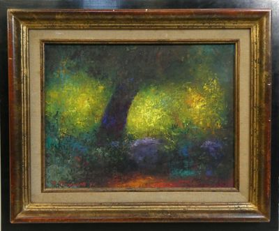 an oil painting of a tree in a green field