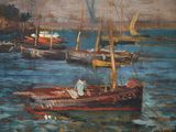 a painting of a man on a boat in the water
