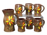 six brown vases with orange and yellow flowers painted on them