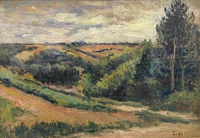 une peinture à l'huile représentant un paysage avec un chemin de terre au premier plan et des arbres au loin