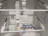 two pictures of an open refrigerator with milk in it