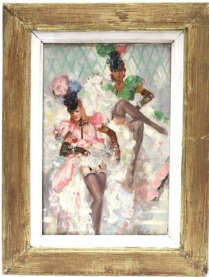 an image of a painting of two women in dresses and hats