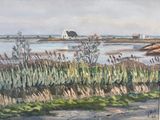 a painting of a view of a beach with a house in the distance