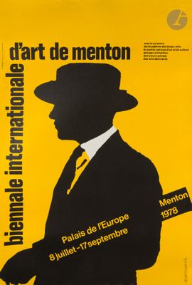 a yellow poster with a silhouette of a man in a hat