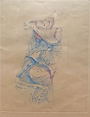 un vieux dessin représentant une femme en robe et coiffée d'un chapeau