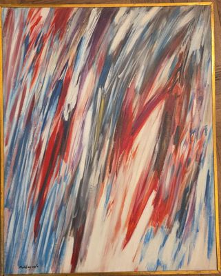 tableau abstrait aux couleurs rouge, blanc et bleu, dans un cadre doré