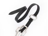 une laisse pour chien en cuir noir avec une boucle métallique sur fond blanc