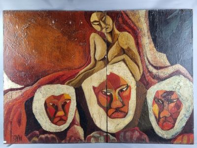 painting of a woman sitting on top of a table next to a group of animals