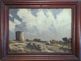une peinture à l'huile représentant un paysage avec une tour au loin