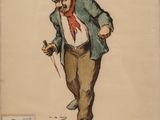 drawing of a man in a suit and tie walking with a cane