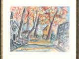 a watercolor painting of a street in the fall