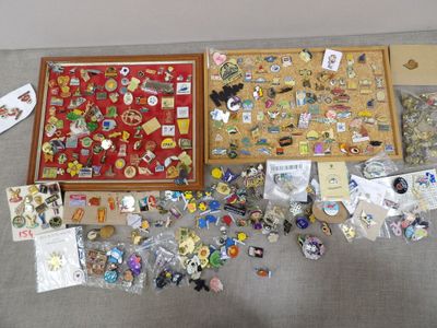 a lot of pins and magnets on a table
