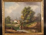 an oil painting of a river scene with a church in the background