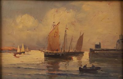 a painting of a sailboat on the water with other boats in the water