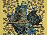 une image représentant une écharpe jaune ornée d'un piano et d'un oiseau