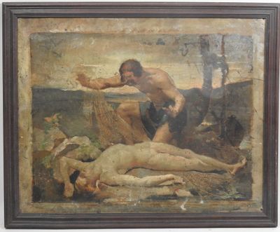 an old painting of a man and a naked woman on a beach