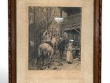an old picture of a group of people riding horses in a street