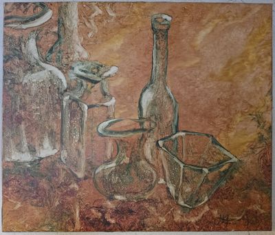 painting of a still life with a vase, a bottle, and a rose