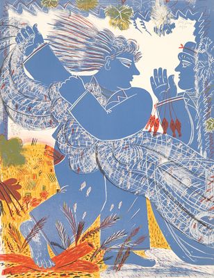an image of a blue and white painting of a man and woman