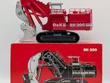 a red box with a black and white picture of a red excavator