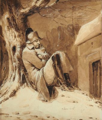 une image représentant un tableau où l'on voit un homme assis sous un arbre dans la neige