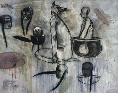 un tableau représentant un homme et une femme debout devant un ensemble de masques