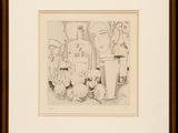 a black and white drawing of a group of people in front of a truck
