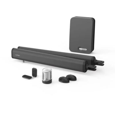 an image of a set of black speakers and accessories on a white surface