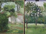 deux tableaux représentant des arbres dans un champ, avec une maison en arrière-plan