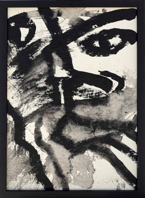 black and white painting of a woman ' s face on a white background