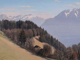 a painting of a view of a mountain range and a lake