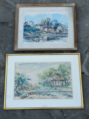 pair of watercolor paintings of a village and a river