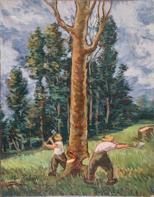 tableau représentant deux hommes travaillant dans un champ, avec un arbre en arrière-plan