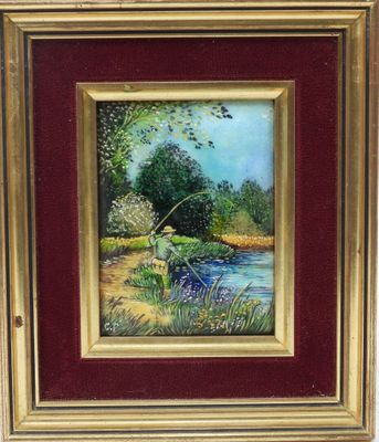 a painting of a man fishing on a river with trees in the background