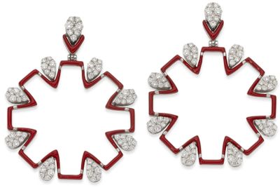 a pair of red and white enamel and diamond earrings