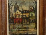 une peinture à l'huile représentant une scène de rue avec un banc au premier plan