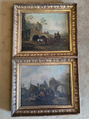 deux tableaux encadrés représentant des chevaux et des personnages dans un décor champêtre