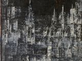 a painting of a black and white cityscape with buildings in the background
