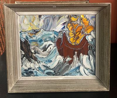 une peinture représentant un homme dans un bateau sur l'eau