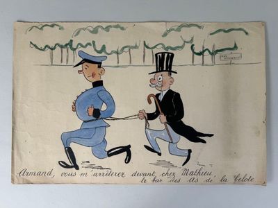 a drawing of a man pulling a dog on a leash